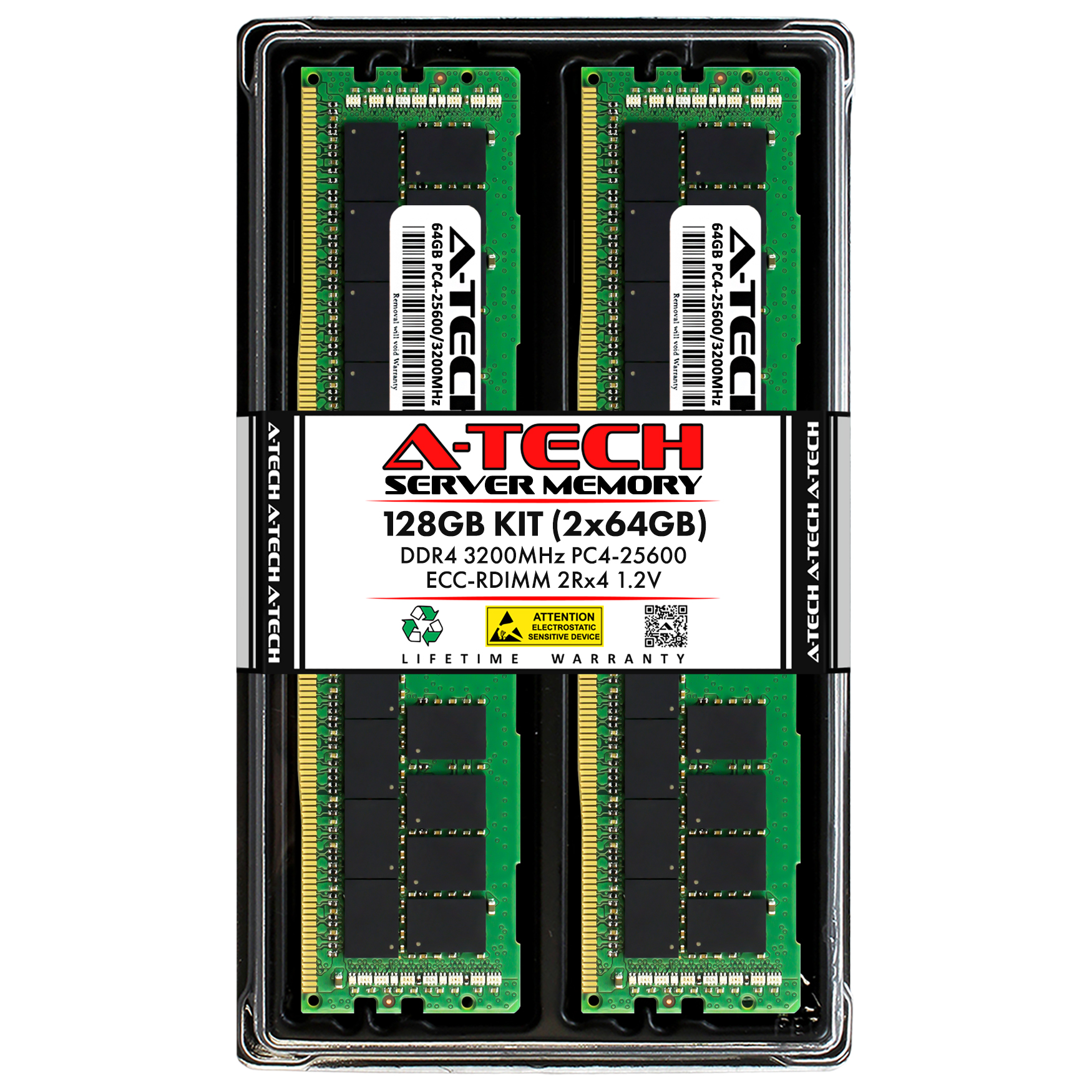 A-Tech 128GB 2x 64GB 2Rx4 PC4-25600 DDR4 3200 ECC REG RDIMM Server
